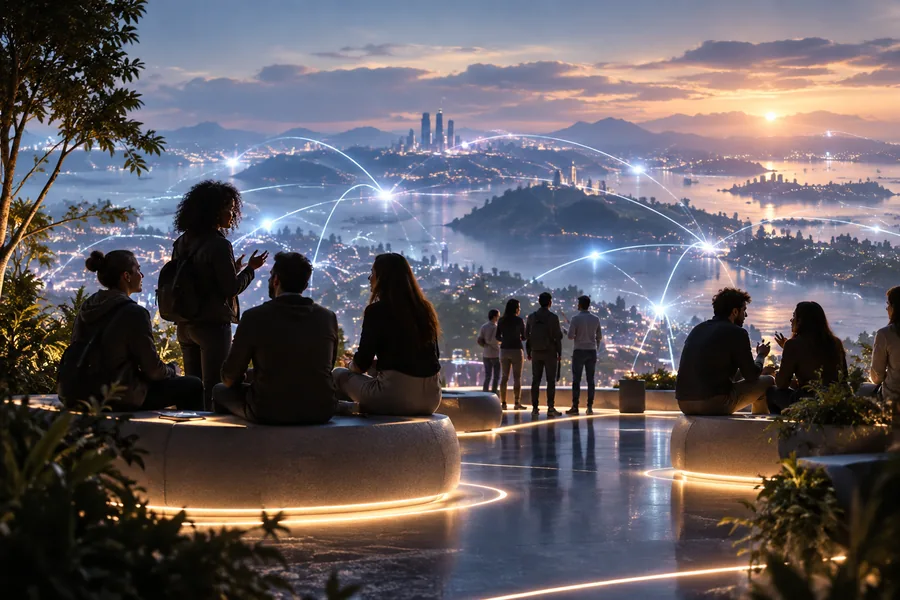 Eine leuchtende Online-Community, dargestellt durch eine futuristische digitale Landschaft und kleine Gesprächsgruppen.