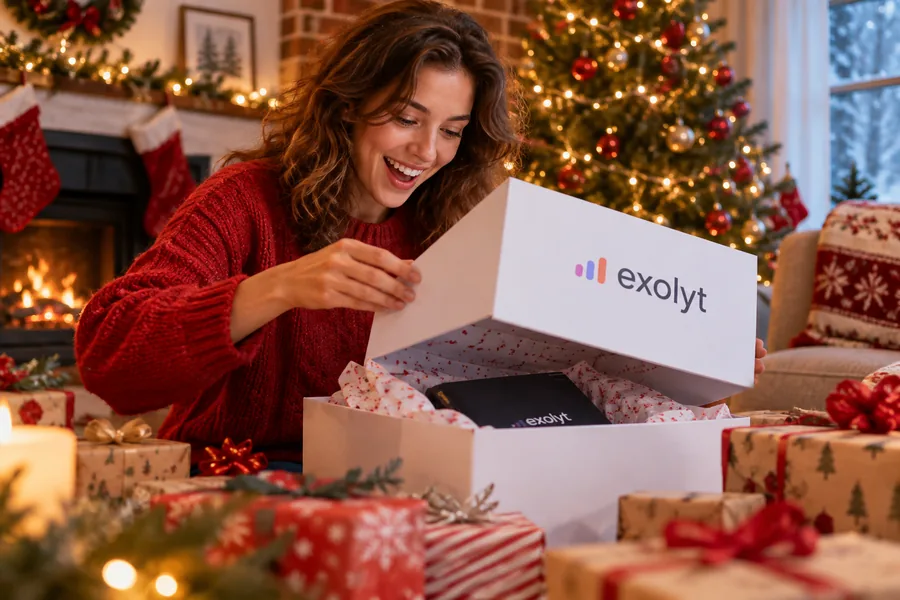Eine fröhliche Person beim Öffnen eines Pakets, umgeben von Weihnachtsprodukten und farbenfrohem Geschenkpapier.