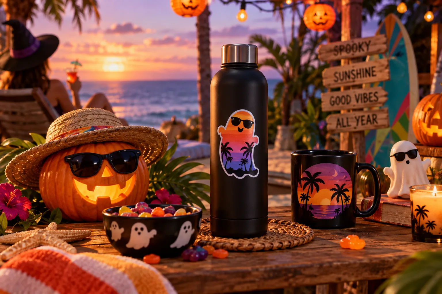 Farbenfrohe Halloween-Dekorationen und verspielte saisonale Produkte, arrangiert für eine helle Summerween-Einzelhandelskampagne.