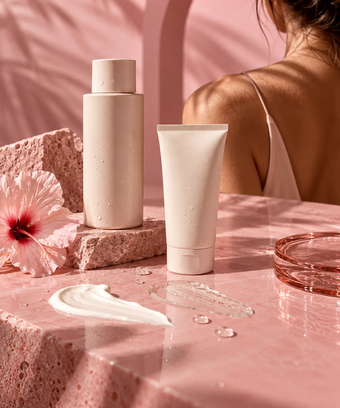 Minimalistische Sonnencremeflaschen und Hautpflege-Texturen, in einem zartrosa Studio für eine Beauty-Markt-Story arrangiert.
