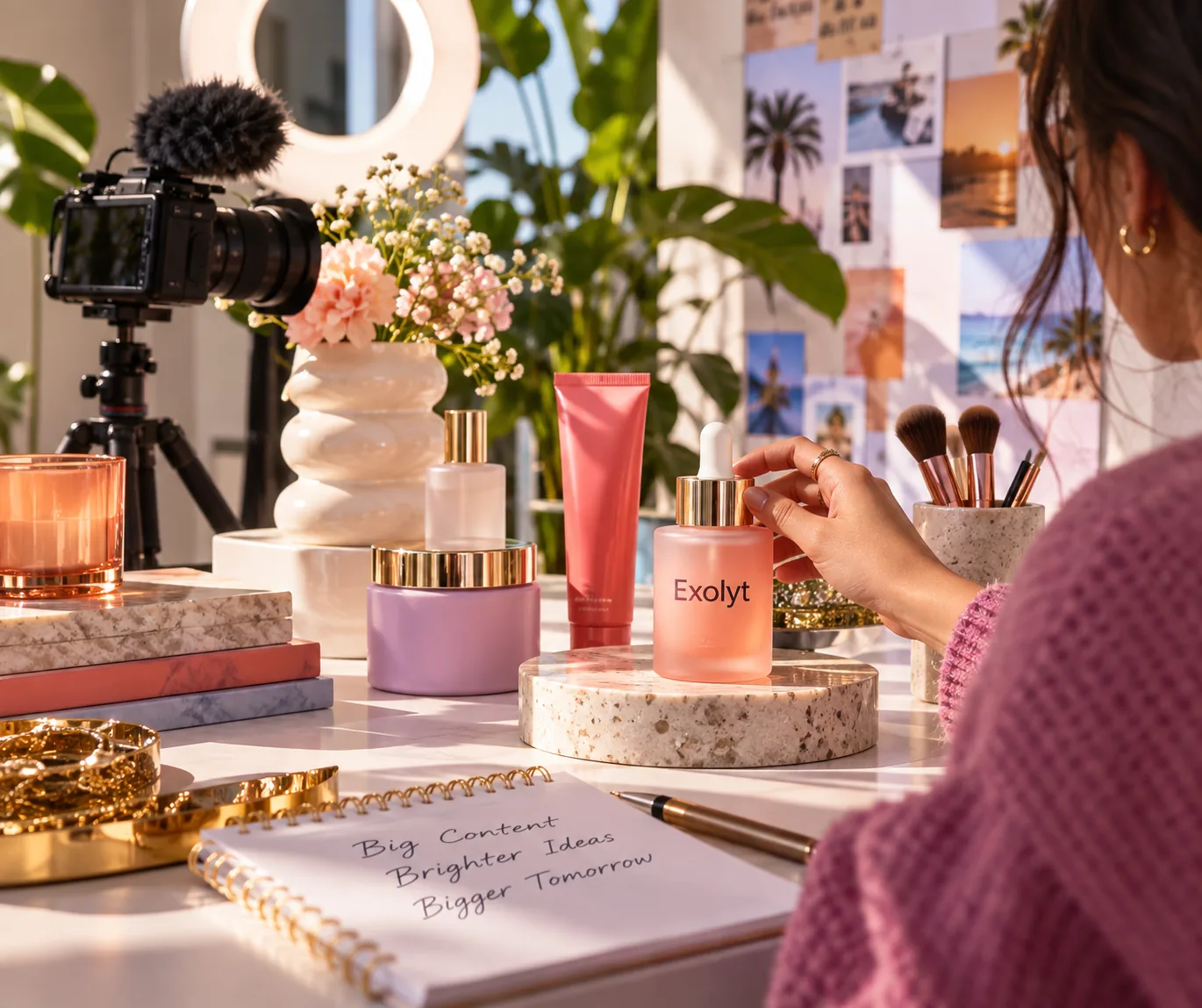 Farbenfrohe Beauty-Produkte und Requisiten von Creatorn, arrangiert in einer hellen redaktionellen Studioszene.