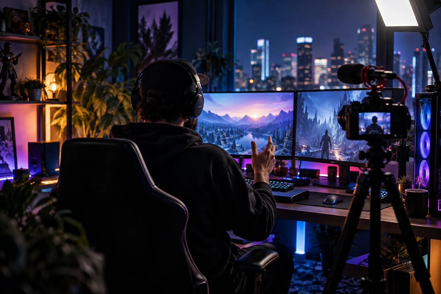 Energiegeladenes Gaming-Setup mit leuchtenden Bildschirmen und einem Creator, der in einem dunklen Raum Content filmt.