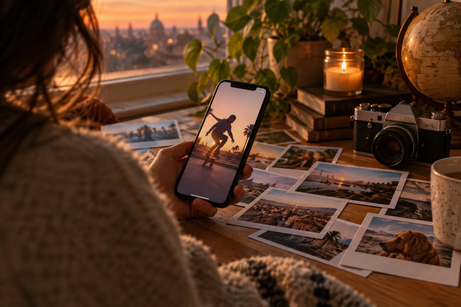 Warme nostalgische Objekte, gedruckte Fotografien und ein Smartphone, auf dem Short-Form-Videoinhalte angezeigt werden.