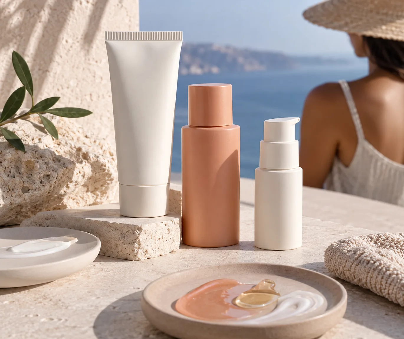 Moderne Sonnencremeflaschen und Skincare-Texturen, fotografiert in einer klaren Umgebung in Pastelltönen.