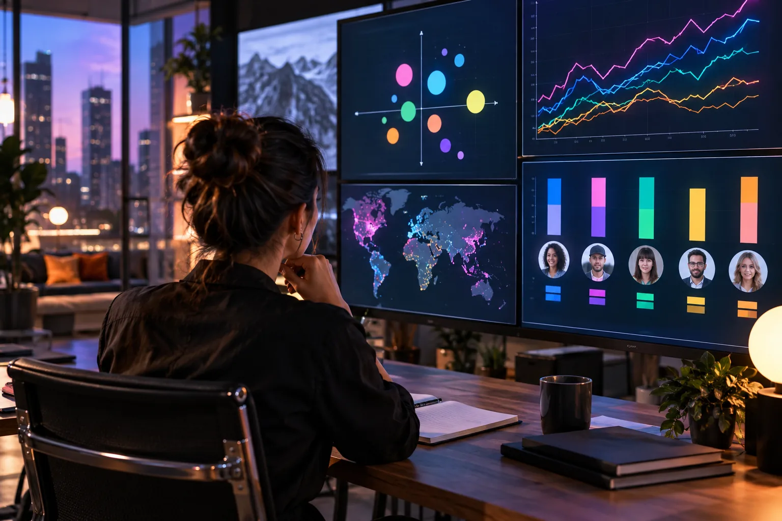 Ein Competitive-Intelligence-Analyst, der in einem modernen Studio farbenfrohe Diagramme zur Markenpositionierung und Zielgruppensignale vergleicht.