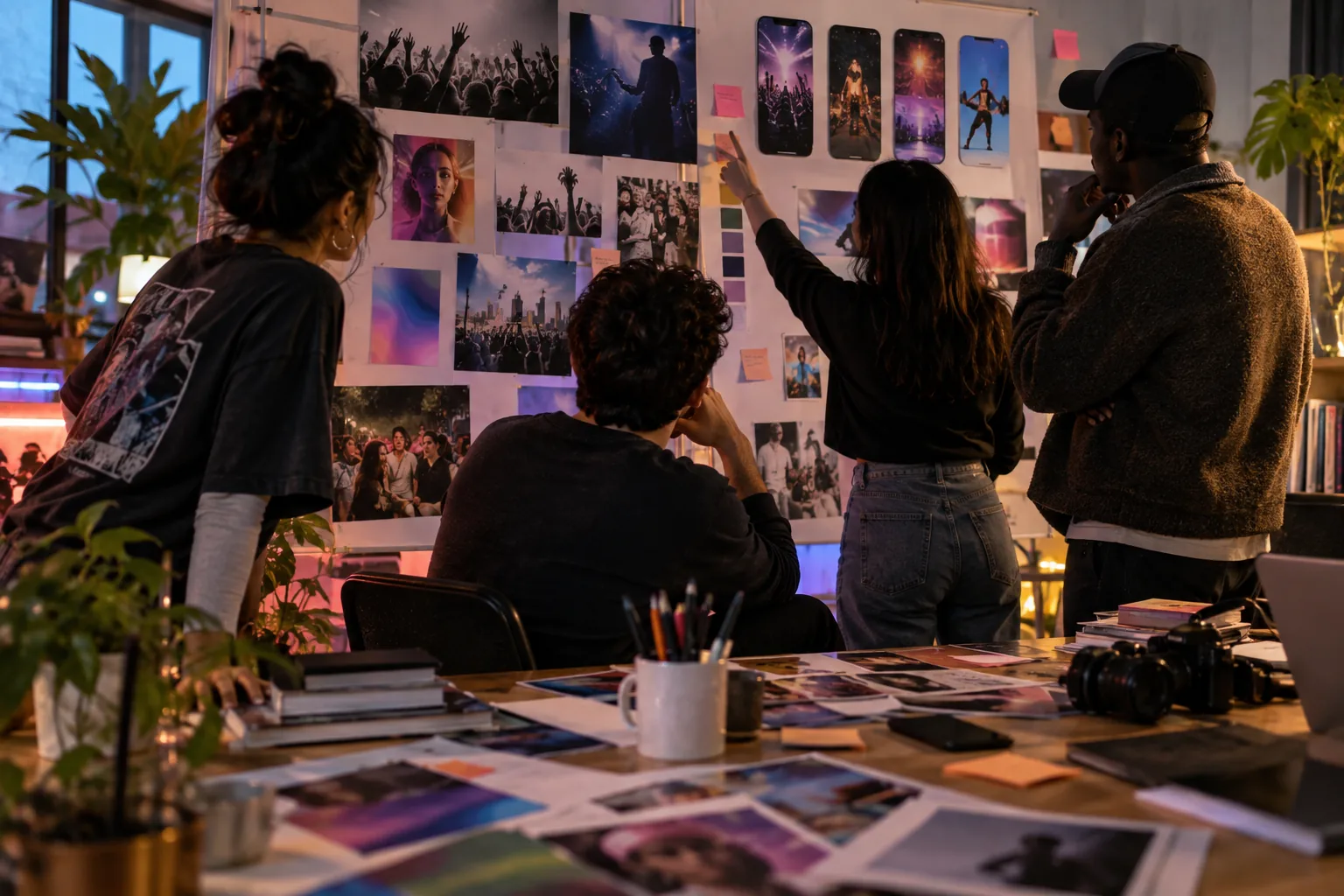 Ein Content-Team, umgeben von Moodboards, TikTok-Trendreferenzen und farbenfrohen kreativen Konzepten.