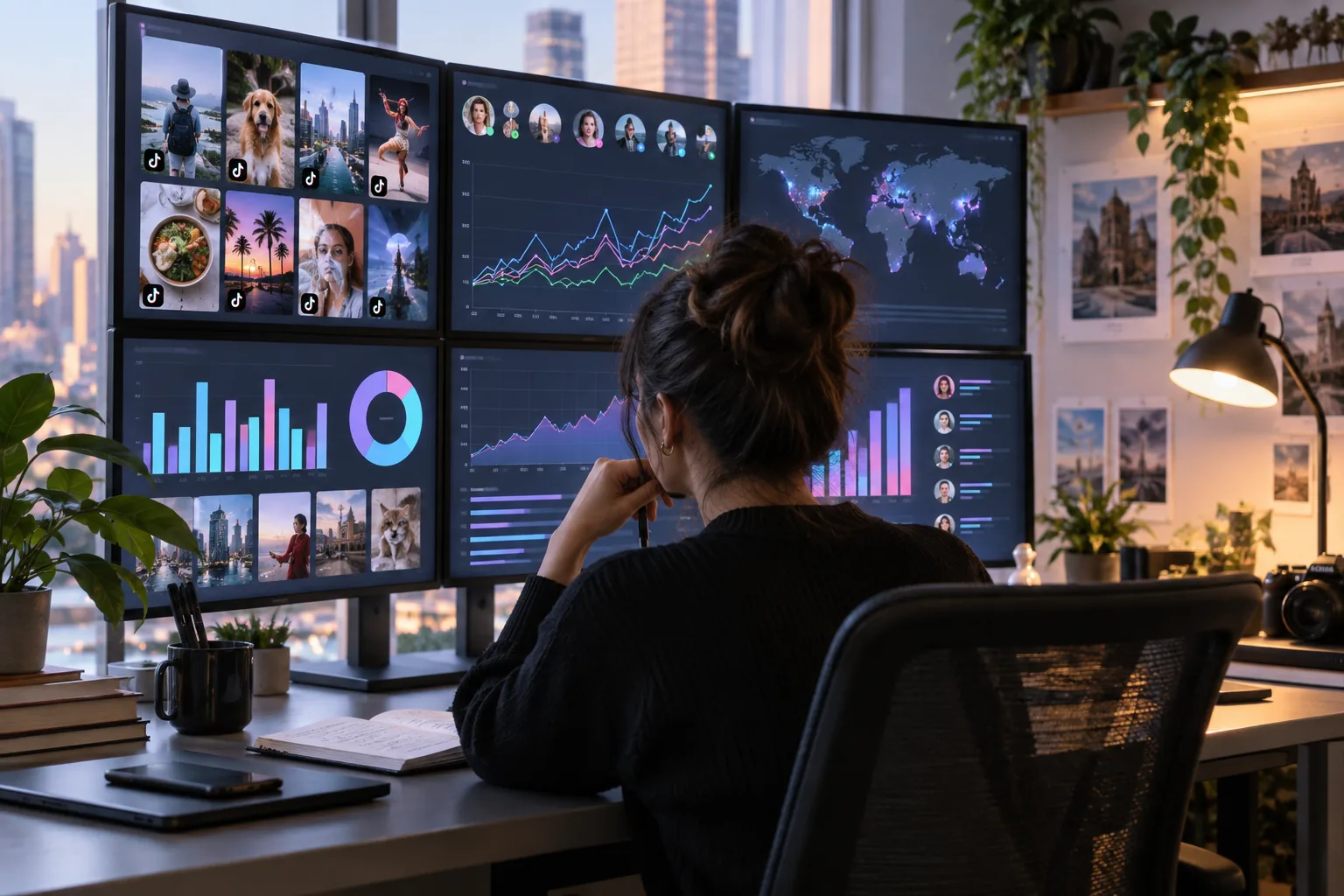 Ein Stratege, der mehrere TikTok-Kontosignale und Performance-Diagramme über ein helles Research-Dashboard überwacht.