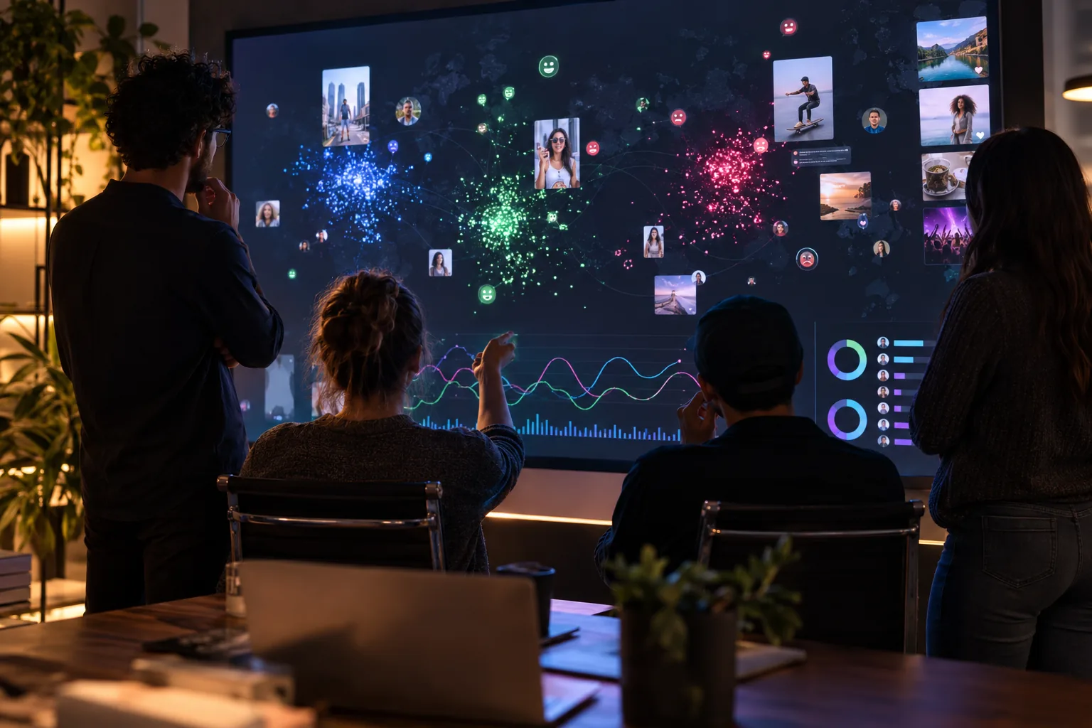 Ein Social-Listening-Team, das auf einem großen Bildschirm Gespräche der Zielgruppe, Sentiment-Cluster und Creator-Content untersucht.