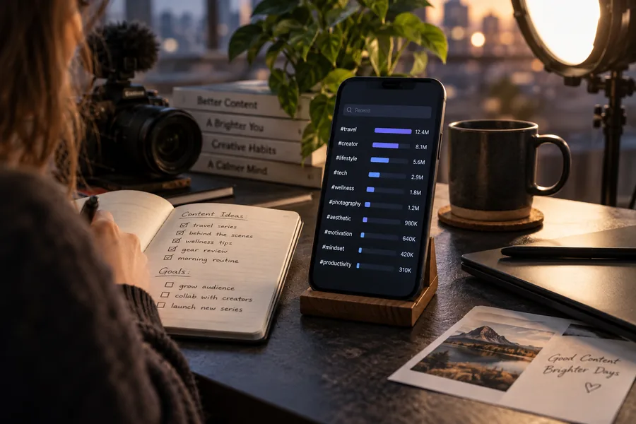 Ein Smartphone mit einer Hashtag-Rechercheoberfläche neben einem Creator-Notizbuch und sanftem Studiolicht.