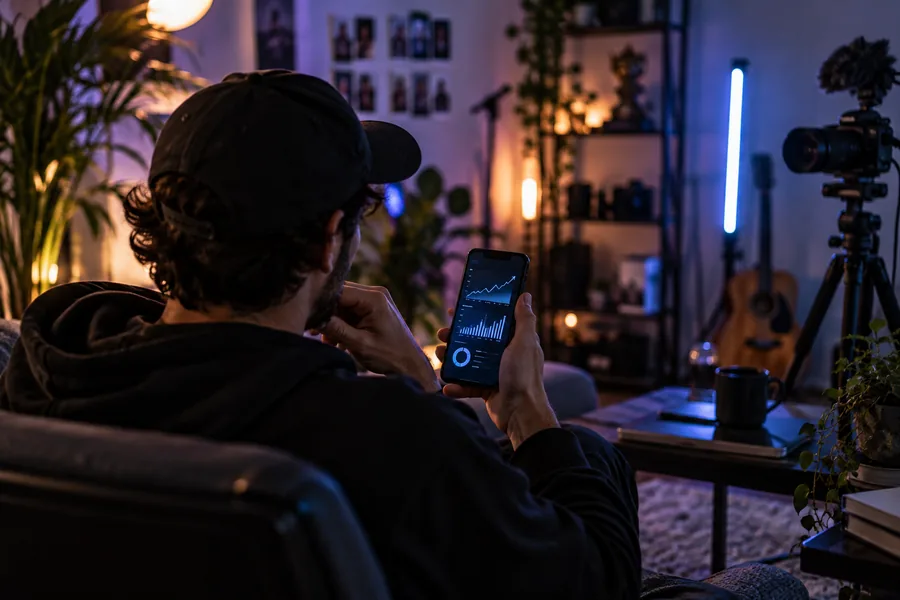 Eine Creator-Person überprüft die Social-Media-Performance und Einnahmen auf einem Smartphone in einem stimmungsvollen Heimstudio.