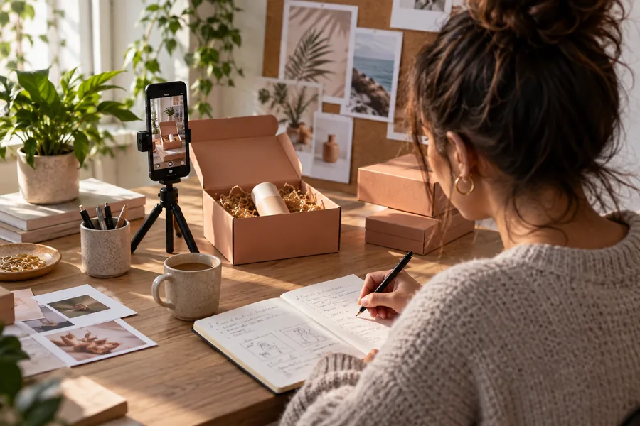 Eine Inhaberin oder ein Inhaber eines kleinen Unternehmens plant TikTok-Inhalte an einem Schreibtisch mit Produktverpackungen und einem Smartphone.